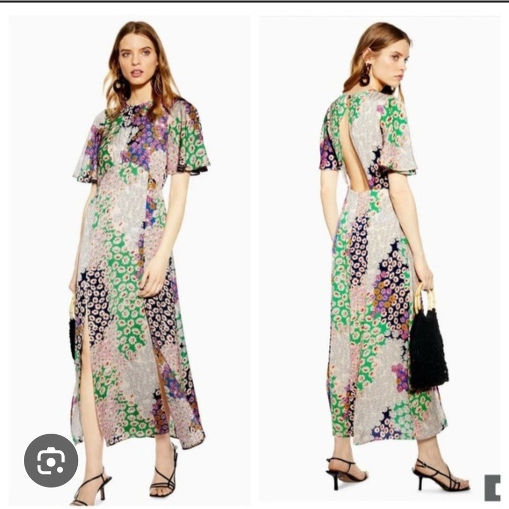 Topshop Austin Maxi Dress Sz 4‎ Patchwork Floral Print Open Back Dbl Slit Front